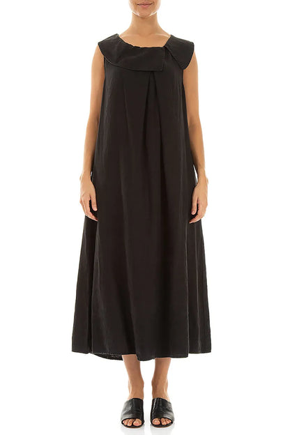 Sleeveless A-line Black Linen Dress 1
