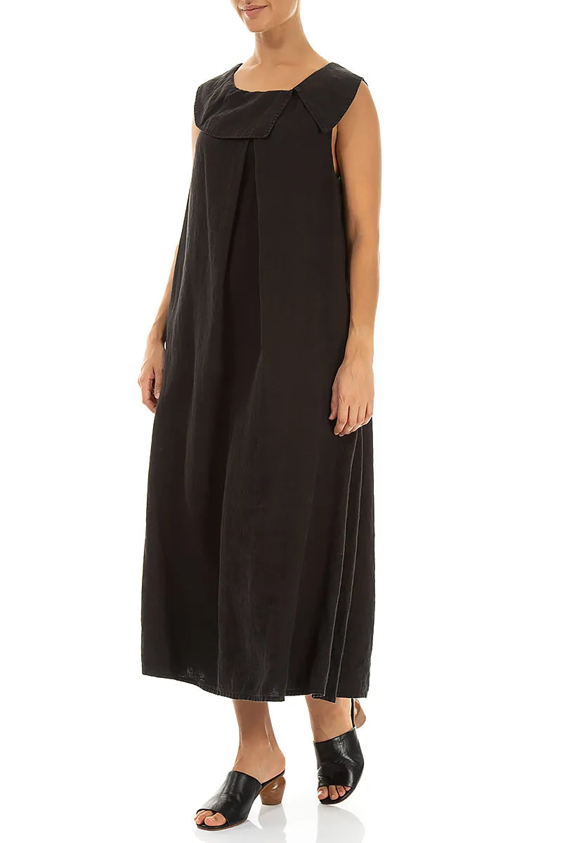 Sleeveless A-line Black Linen Dress 3
