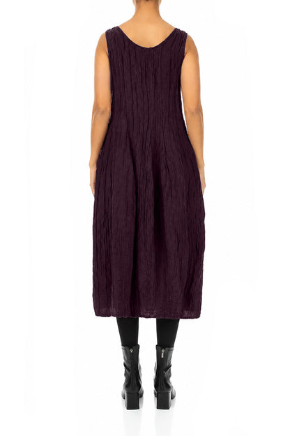 Sleeveless Balloon Crinkled Deep Plum Silk Linen Dress 2