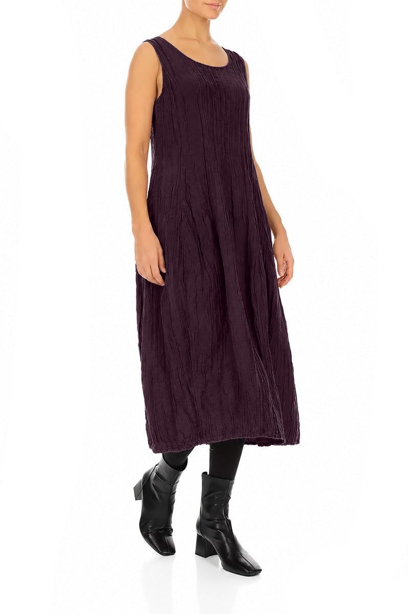 Sleeveless Balloon Crinkled Deep Plum Silk Linen Dress 3