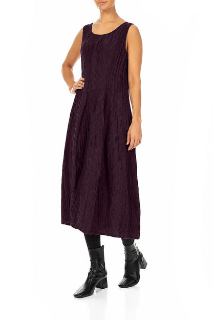 Sleeveless Balloon Crinkled Deep Plum Silk Linen Dress 4