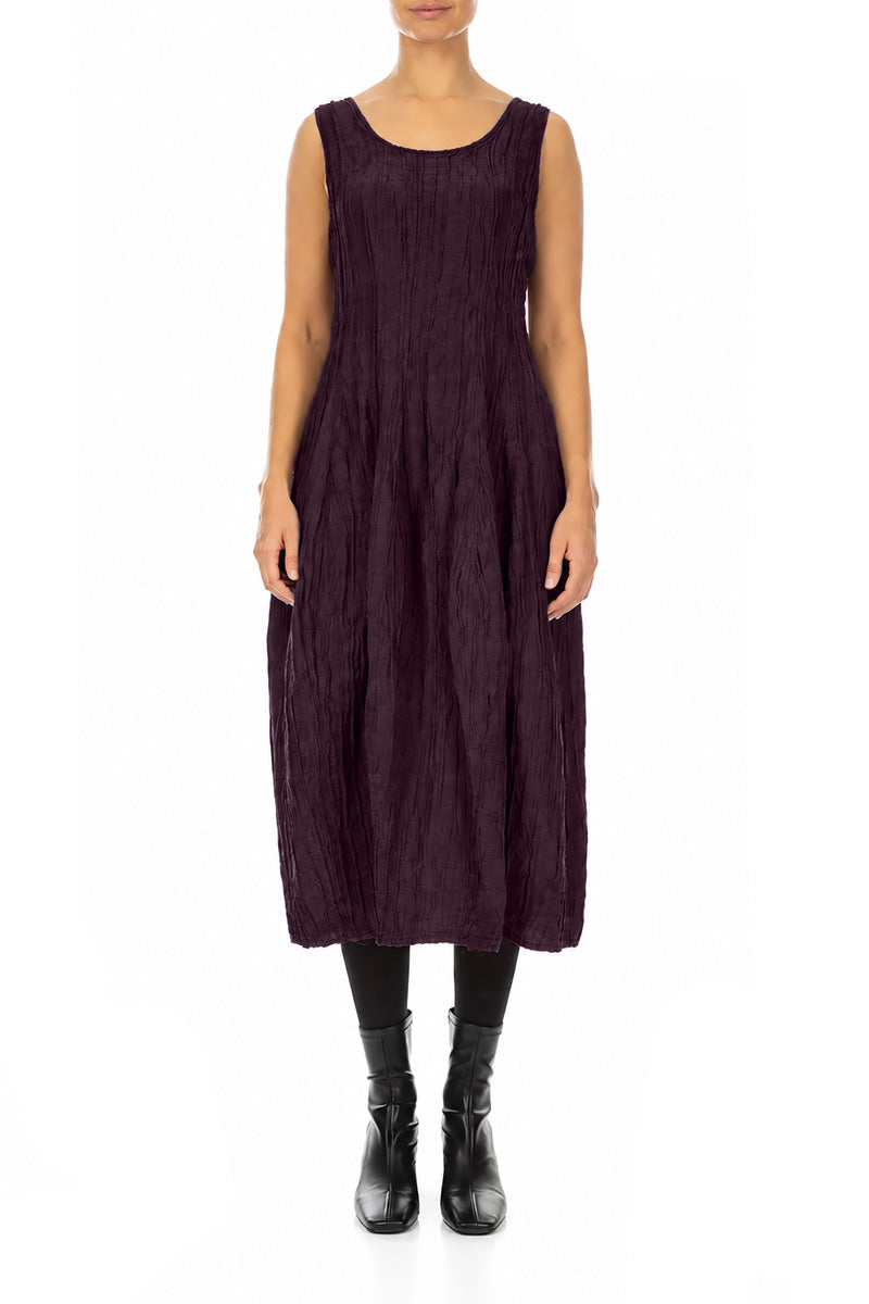 Sleeveless Balloon Crinkled Deep Plum Silk Linen Dress 1