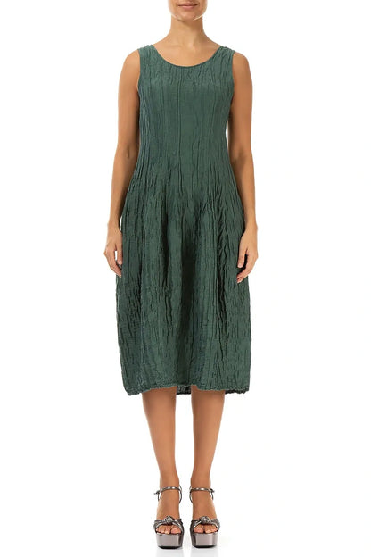 Sleeveless Balloon Crinkled Sage Silk Linen Dress 1