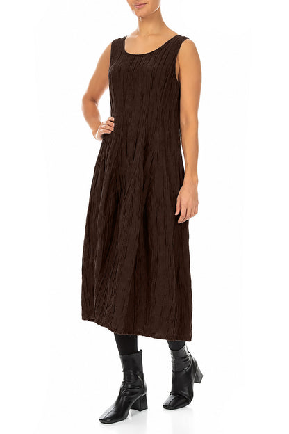 Robe ballon sans manches froissée en soie et lin Brun truffe