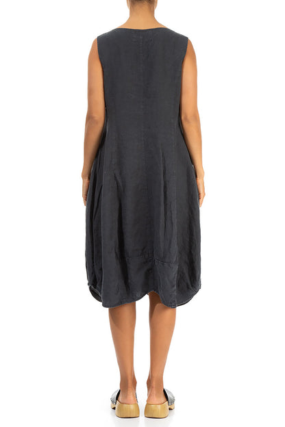 Sleeveless Balloon Pockets Graphite Linen Dress 2