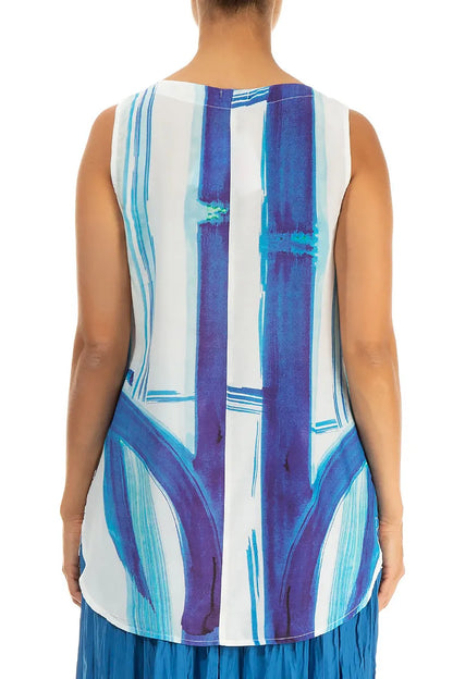 Sleeveless Blue Brushstroke Silk Bamboo Top 2