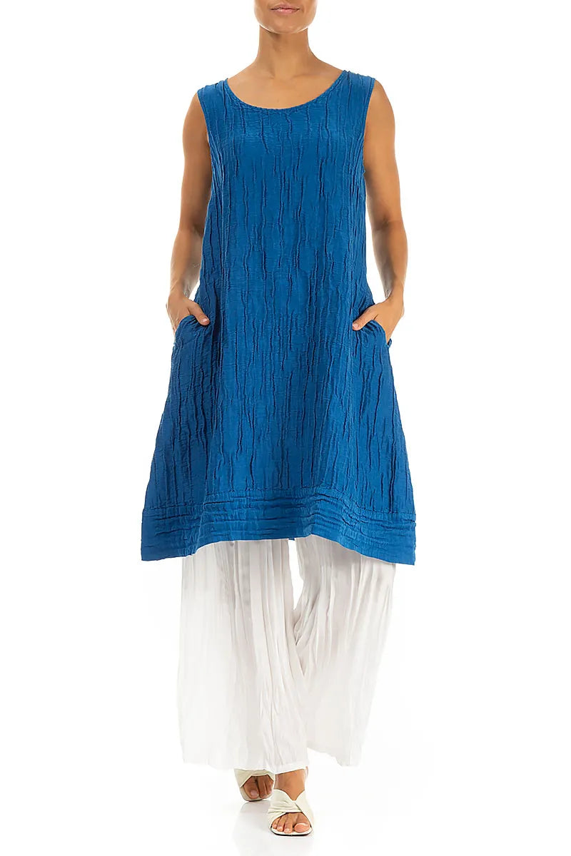 Sleeveless Crinkled Cobalt Blue Silk Linen Tunic Dress 4