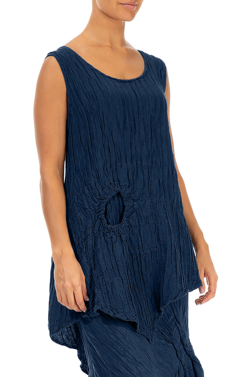 Sleeveless Crinkled Royal Blue Silk Linen Tunic 3