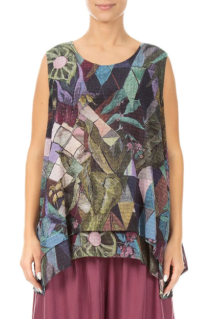 Sleeveless Layered Art Mosaic Textured Silk Blouse 1