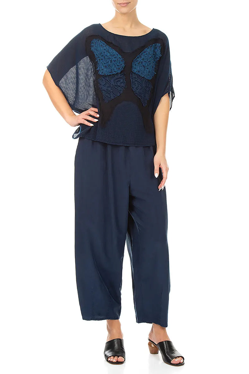 Slight Taper Navy Pure Silk Trousers 4