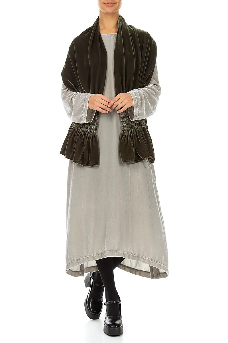 Smocked Olive Silk Velvet Scarf 2