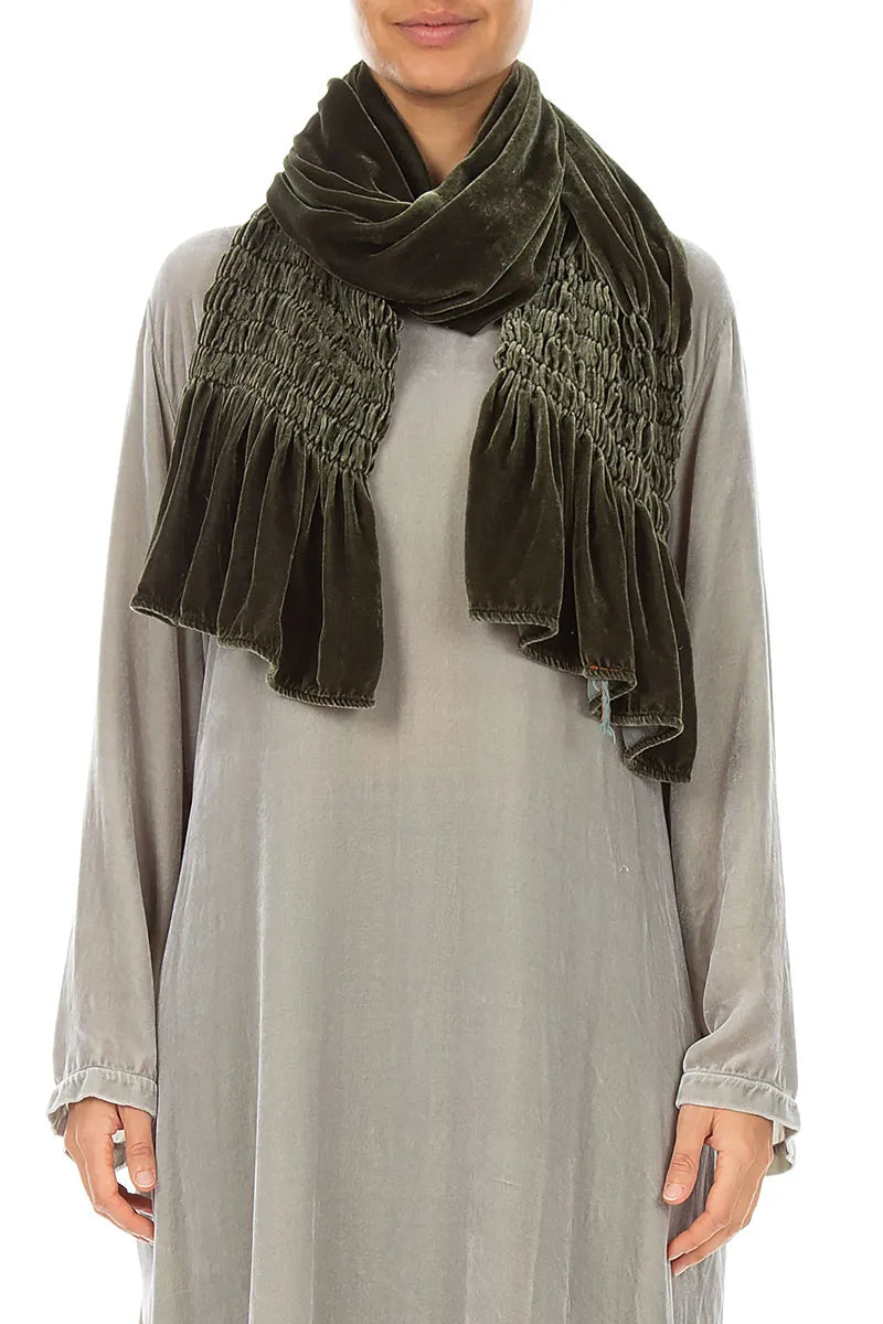 Smocked Olive Silk Velvet Scarf 1