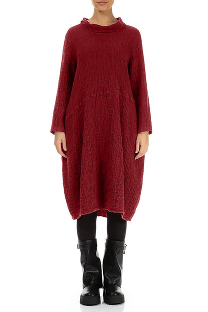 Soft Cowl Cherry Red Textured Linen Dress 1