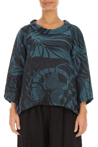 Soft Cowl Neck Deep Turquoise Orbit Textured Silk Blouse