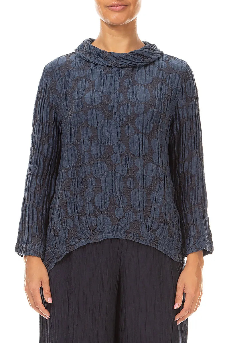 Soft Cowl Neck Slate Blue Circle Silk Linen Blouse 1
