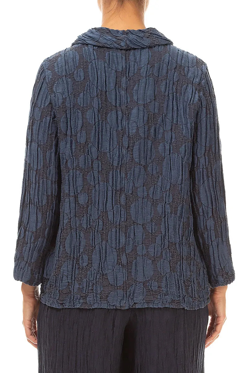 Soft Cowl Neck Slate Blue Circle Silk Linen Blouse 2