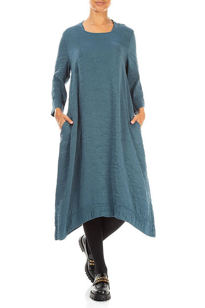 Strukturiertes Seidenkleid mit eckigem Ausschnitt in Dunkeltürkis