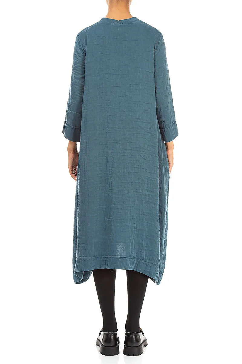 Strukturiertes Seidenkleid mit eckigem Ausschnitt in Dunkeltürkis