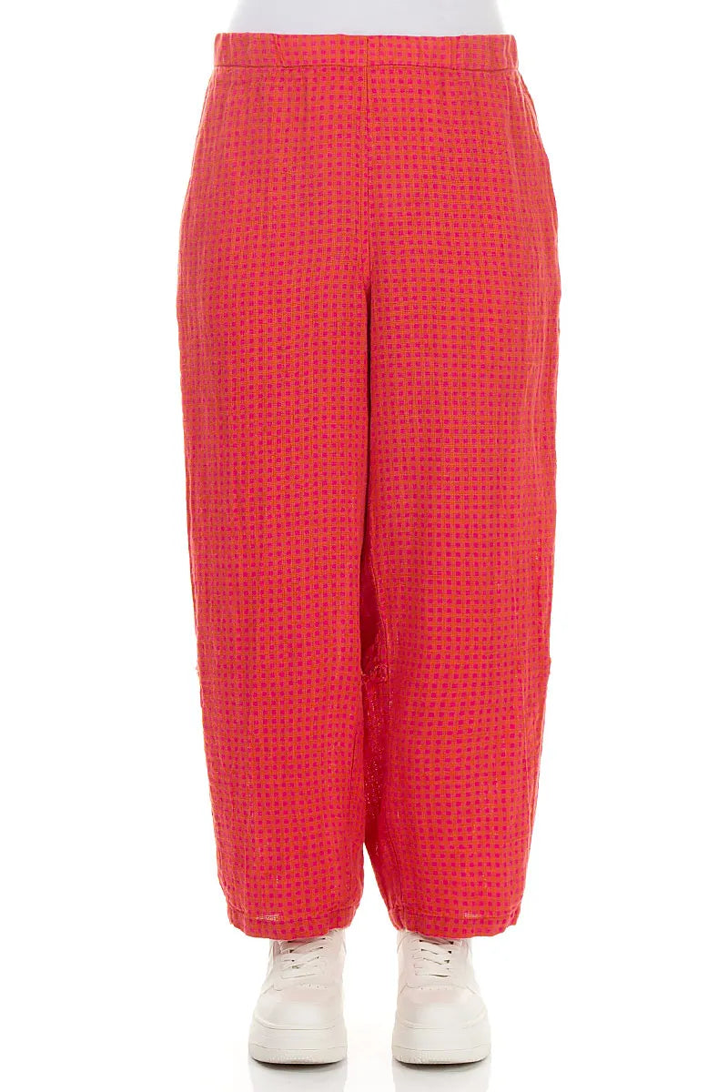 Straight Back Seam Pink Orange Check Linen Trousers 1