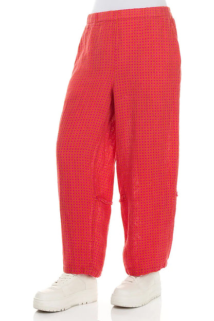 Straight Back Seam Pink Orange Check Linen Trousers 3