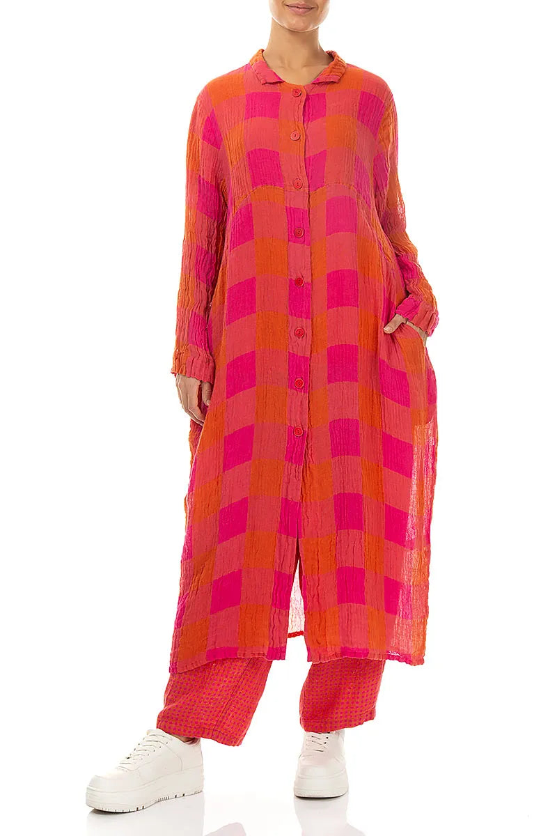 Straight Back Seam Pink Orange Check Linen Trousers 4