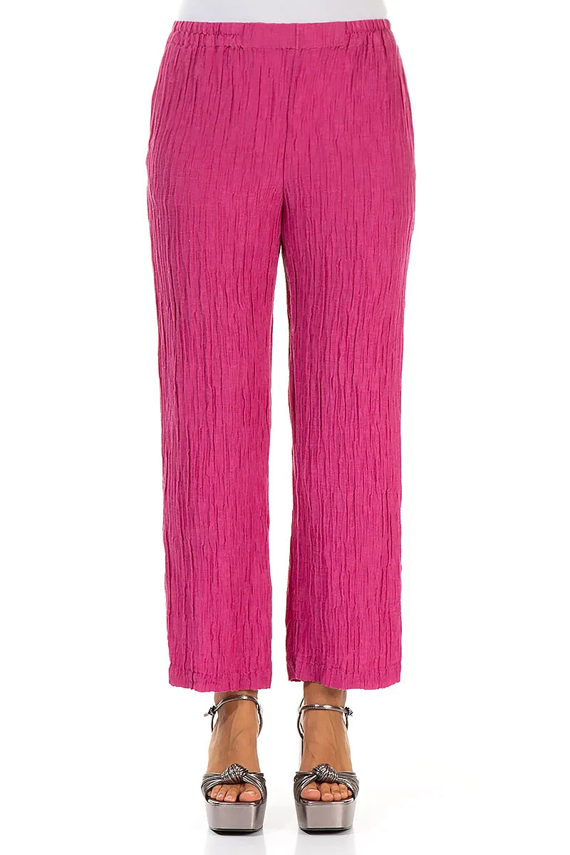 Straight Crinkled Fuchsia Silk Trousers 1