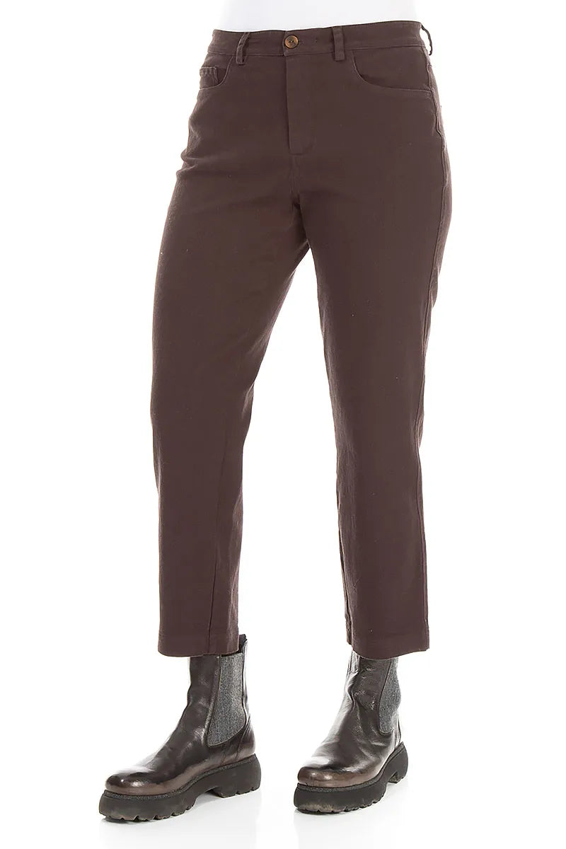 Cropped Truffle Brown Stretch Cotton Trousers 3