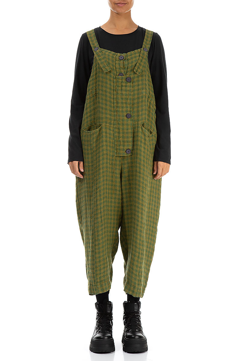 Strappy Green Lime Check Linen Jumpsuit 1