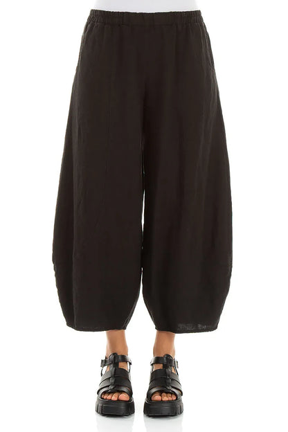 Taper Cropped Wide Black Linen Trousers 1