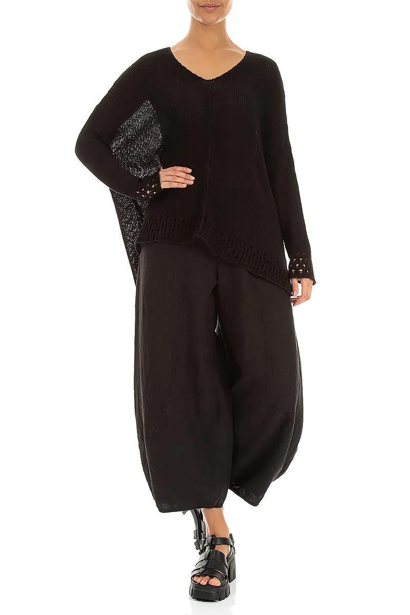 Taper Cropped Wide Black Linen Trousers 4