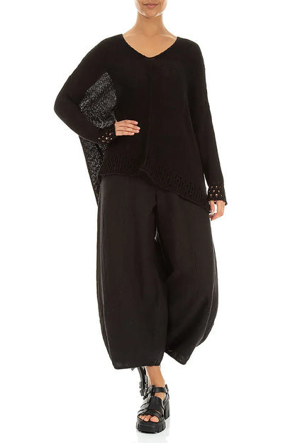 Taper Cropped Wide Black Linen Trousers 4