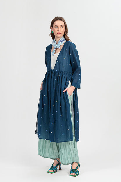 Tie Front Navy Embroidered Petals Cotton Jacket 8