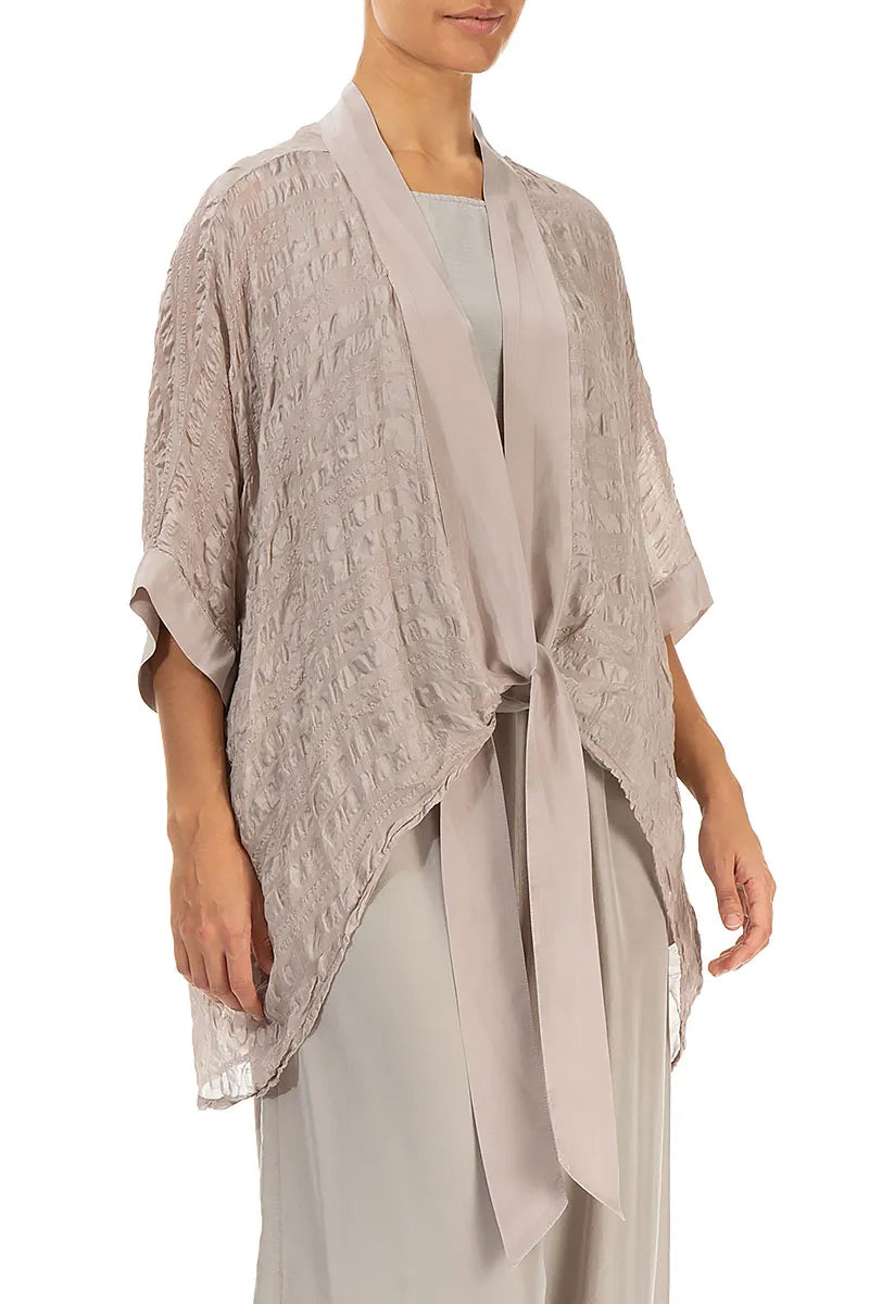 Tie Up Beige Textured Silk Jacket 3