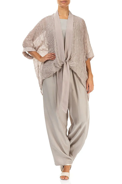 Tie Up Beige Textured Silk Jacket 4