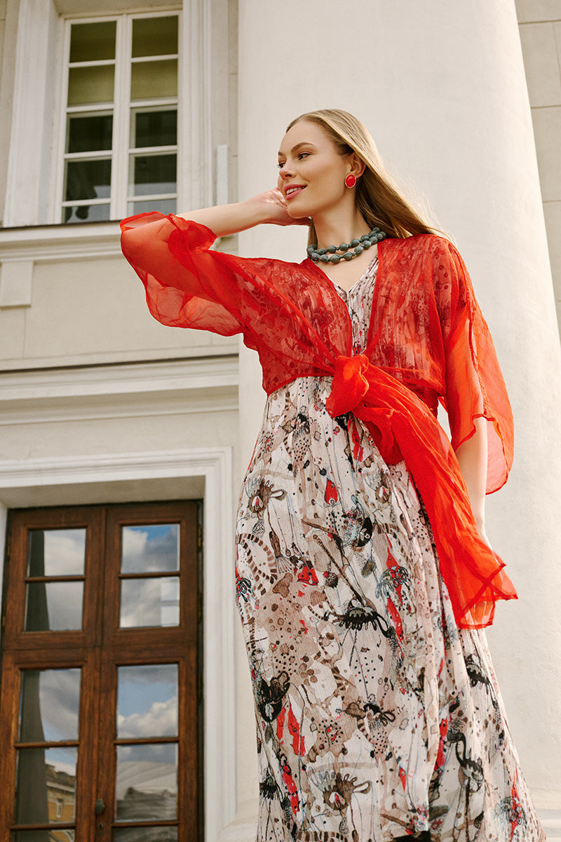 Tie Up Flame Orange Silk Chiffon Jacket 7