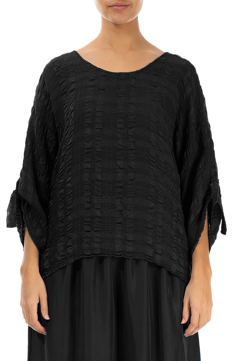 Tie Up Sleeves Black Light Silk Blouse 1