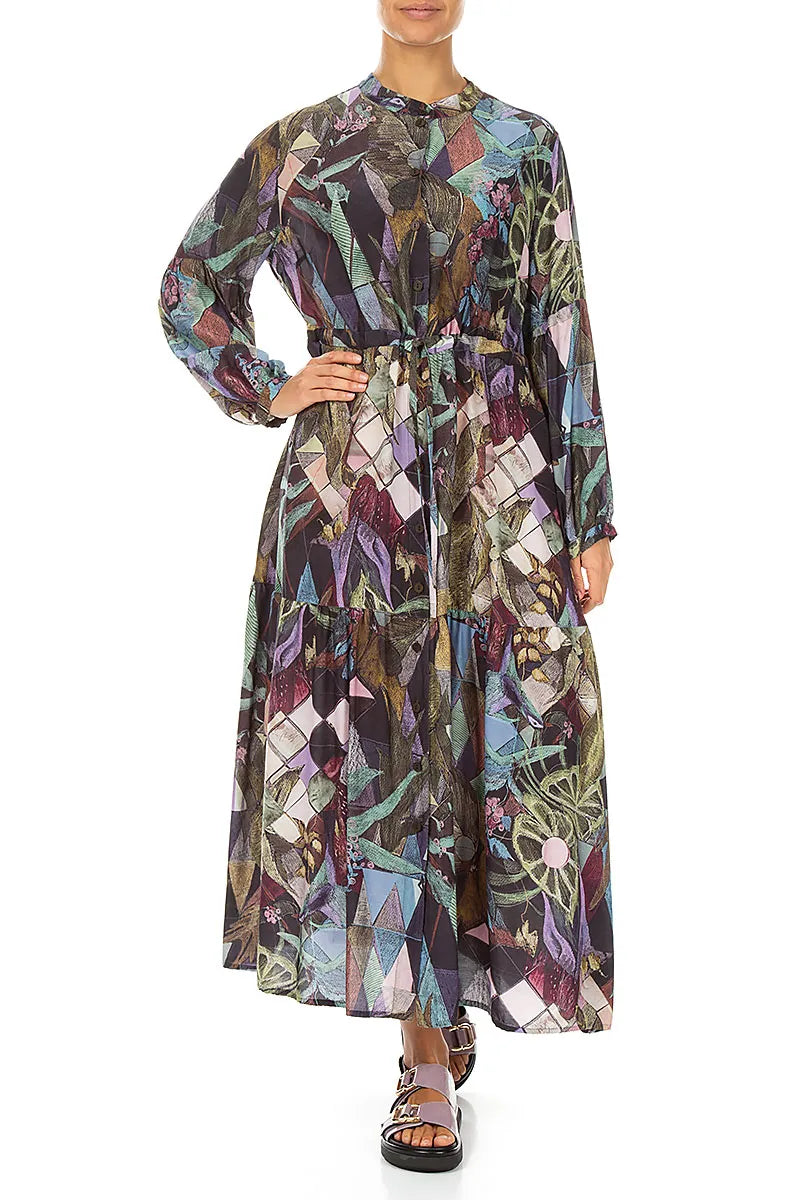 Tiered Tie Up Art Mosaic Silk Bamboo Dress 4