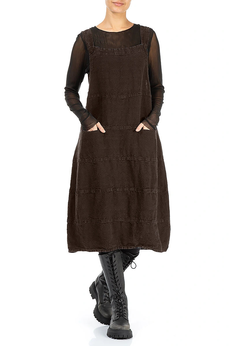 Robe salopette en lin Brun truffe à motifs