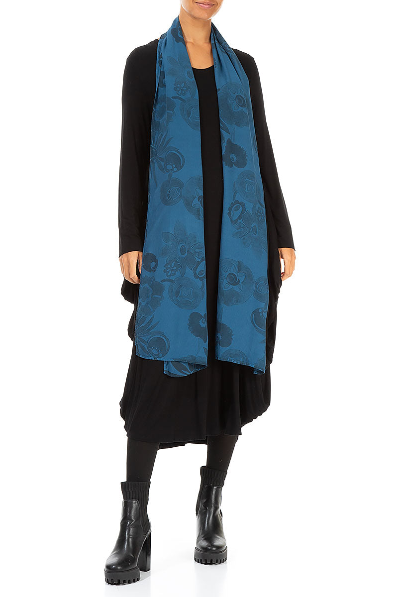 Dark Turquoise Flowers Viscose Scarf 2
