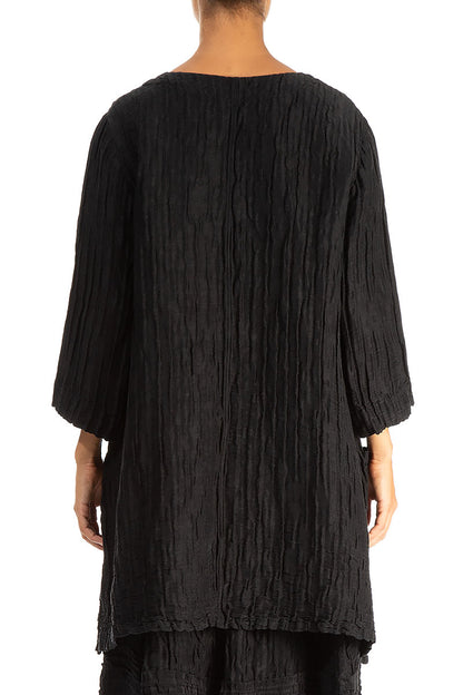 Twin Pockets Crinkled Black Silk Linen Tunic 2
