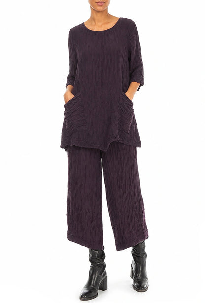 Two Pockets Crinkled Deep Plum Silk Linen Tunic 4
