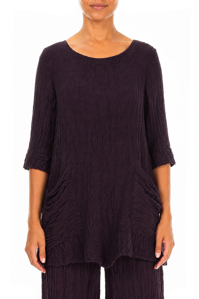 Two Pockets Crinkled Deep Plum Silk Linen Tunic 1
