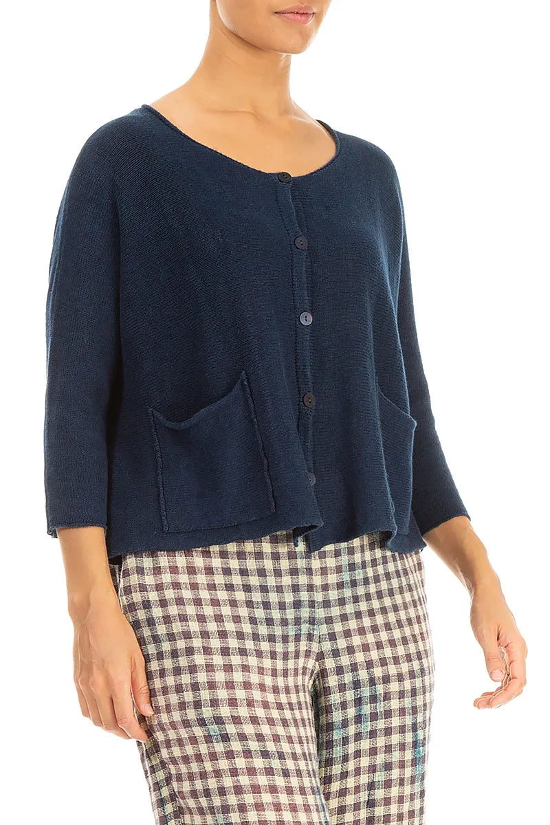 Two Pockets Navy Linen Cardigan 3