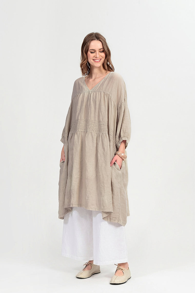 V-Neck Beige Pintuck Linen Dress 8