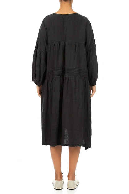 V-Neck Black Pintuck Linen Dress 2