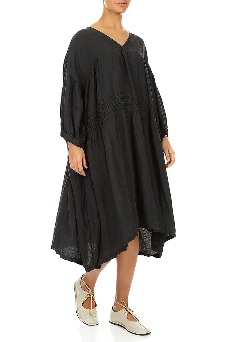 V-Neck Black Pintuck Linen Dress 3