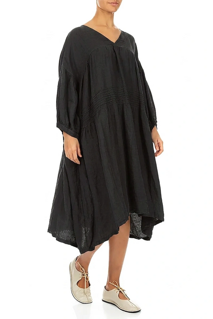 V-Neck Black Pintuck Linen Dress 3