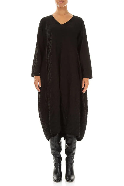 V-Neck Black Pleated Silk Bamboo Dress