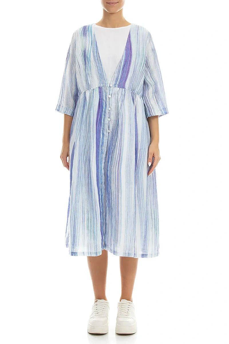 V-Neck Blue Wash Stripe Linen Jacket 1