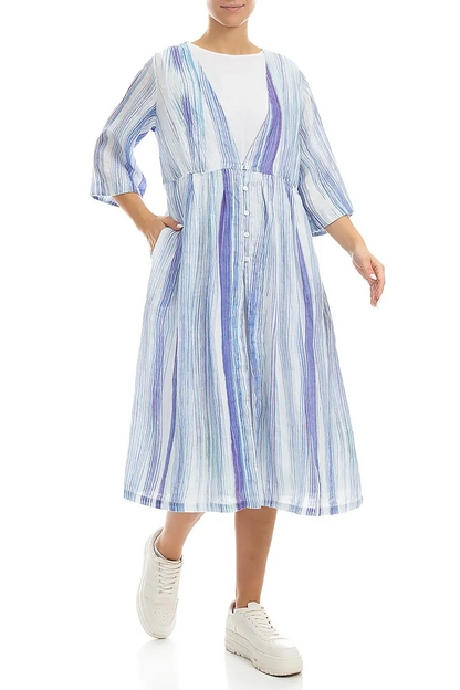 V-Neck Blue Wash Stripe Linen Jacket 4